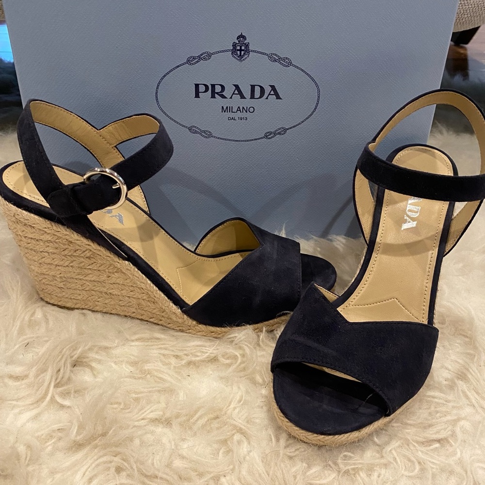 Prada Womens Wedge Sandals 3560 NAVY BLUE SZ 38.5 fits size 8 or 7.5